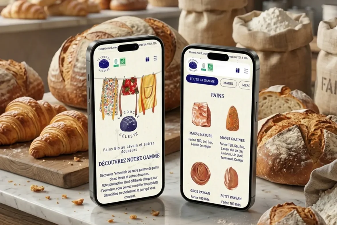 creation-site-internet-boulangerie Mockup de 2 mobiles présentant un site internet de Boulangerie