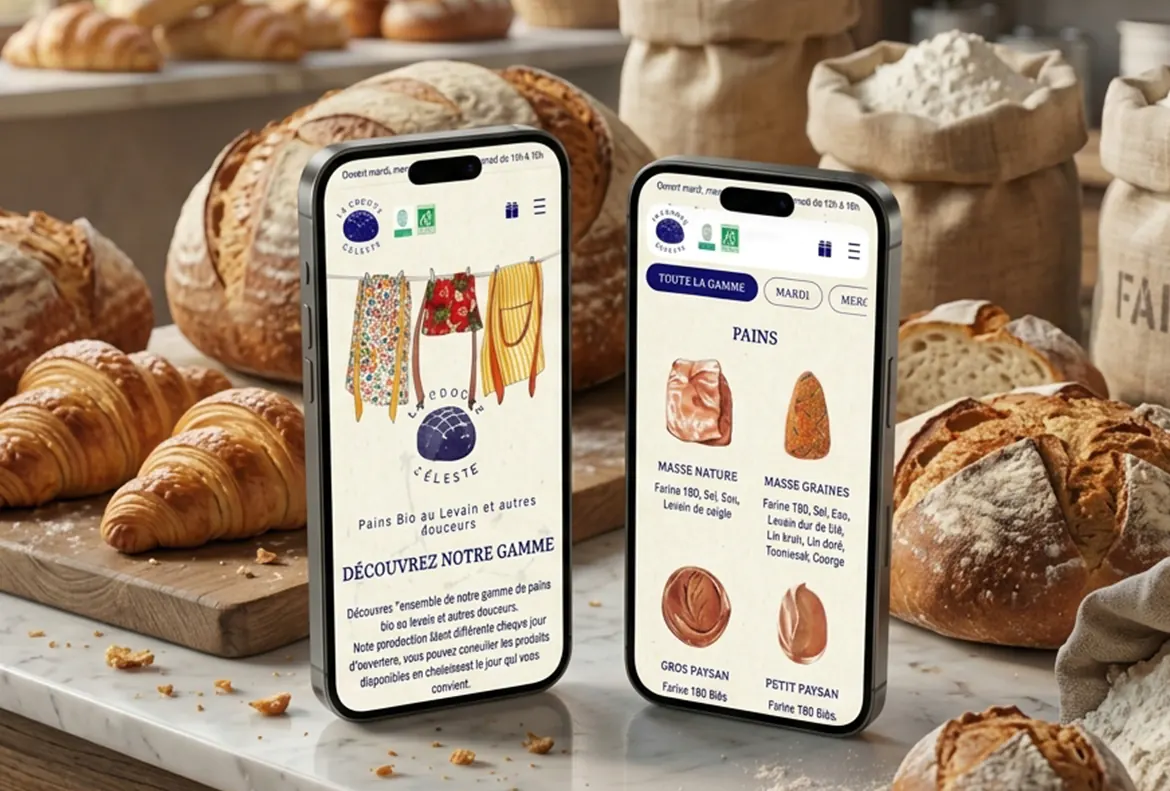 creation-site-internet-boulangerie Mockup de 2 mobiles présentant un site internet de Boulangerie